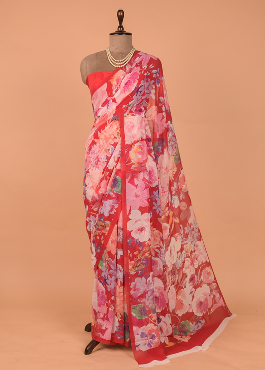 Red Georgette Printed Saree