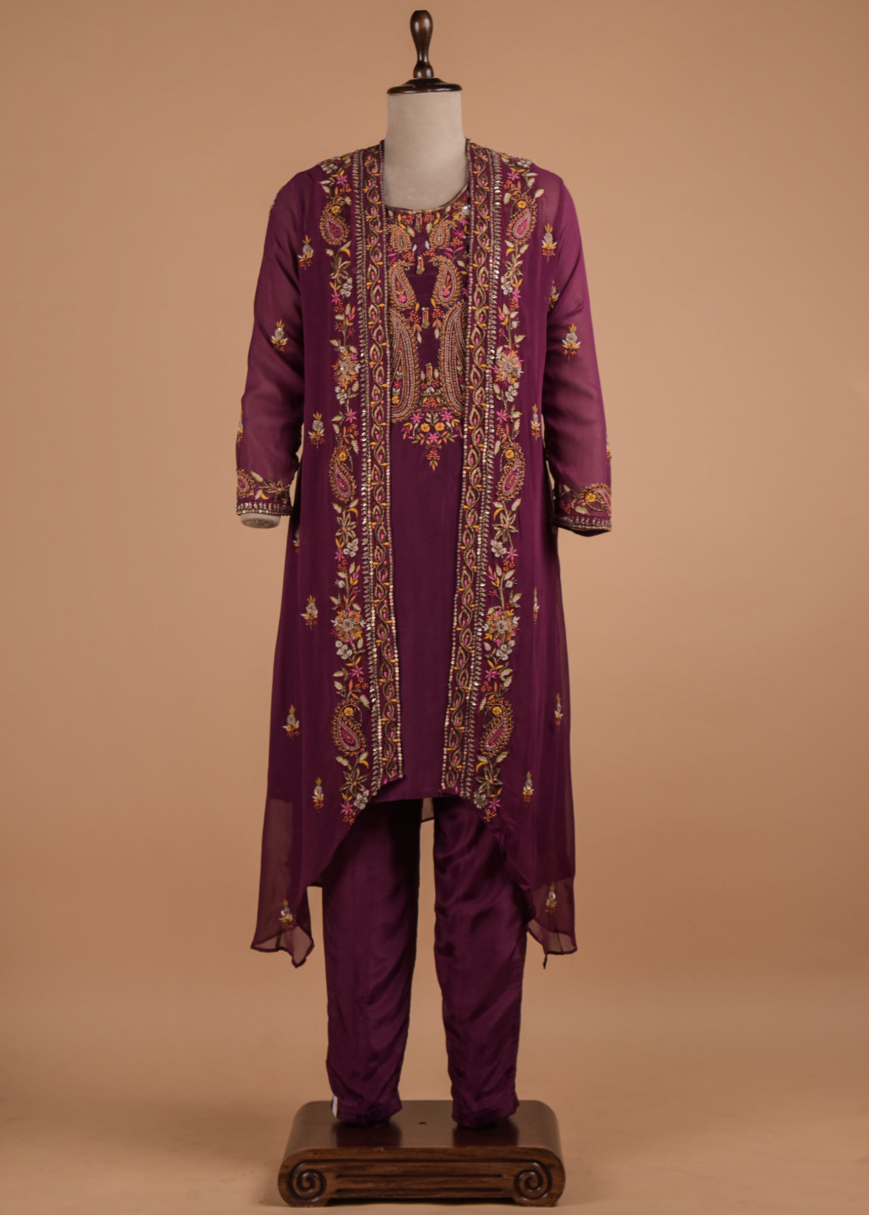 Wine Crepe Jacket Suit Set