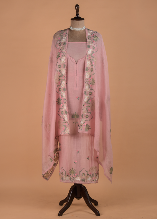 Pink Muslin Chanderi Dress Material