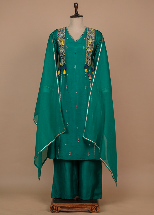 Green Cotton Silk Straight Set