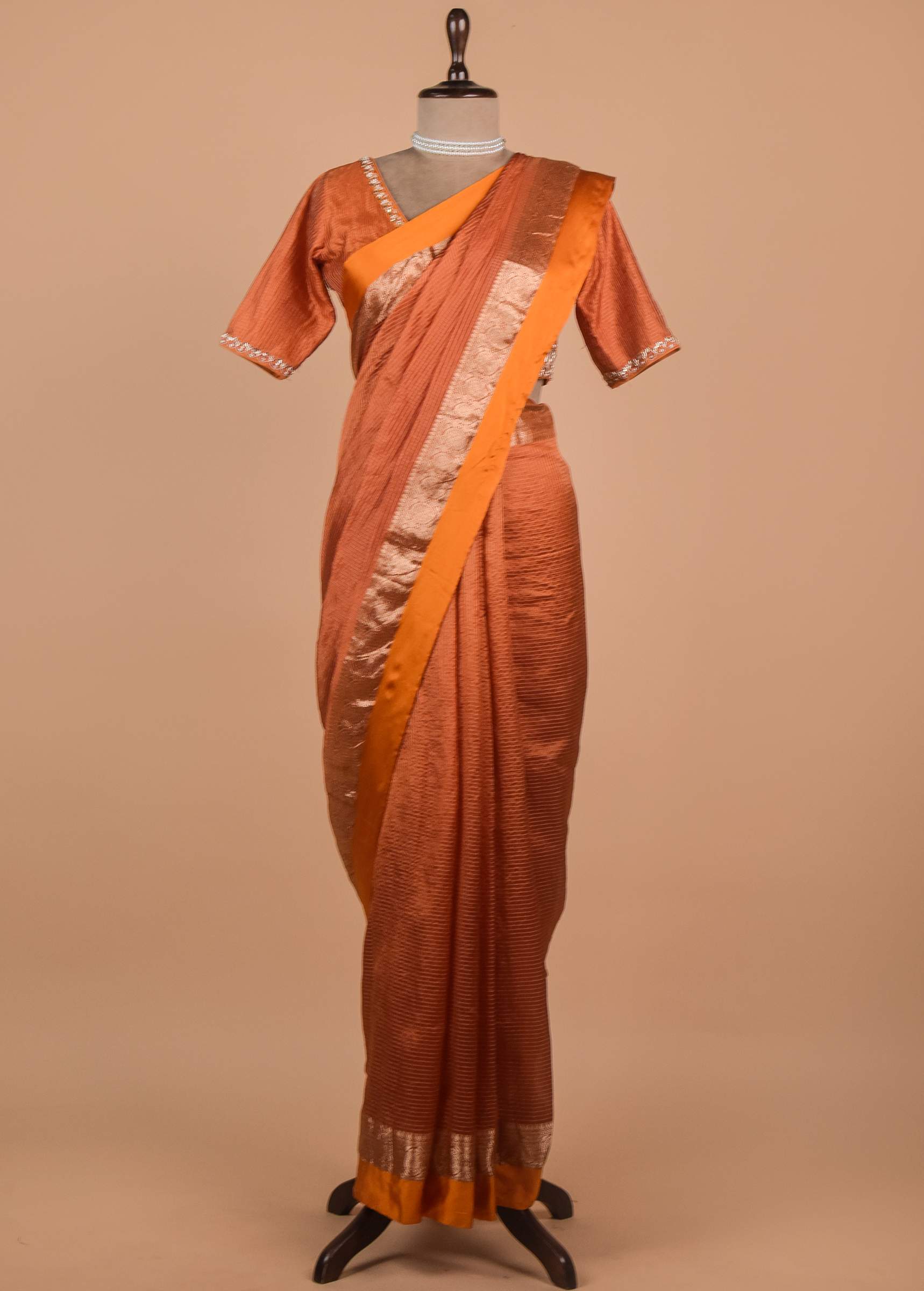 Orange Chinia Silk Embroidered Saree