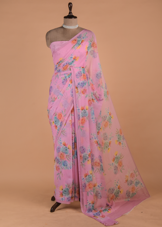 Pink Chiffon Printed Saree