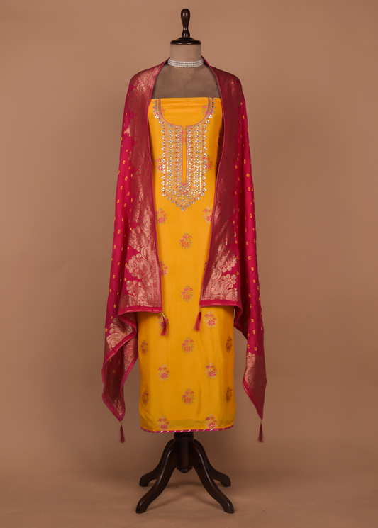 Yellow Cotton Silk Dress Material