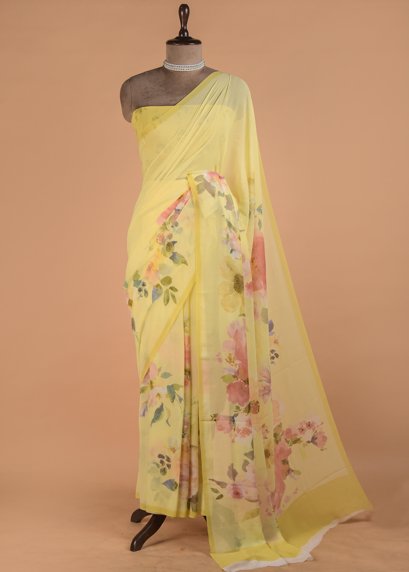 Yellow Printed Georgette Saree | Greenways Delhi