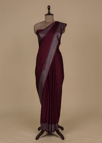 Wine Satin Crepe Embroidered Saree