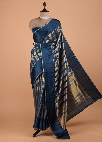 Blue Crepe Kanjeevaram Saree