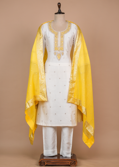 White Cotton Silk Straight Set