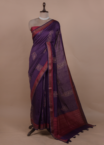 Purple Tussar Embroidered Saree