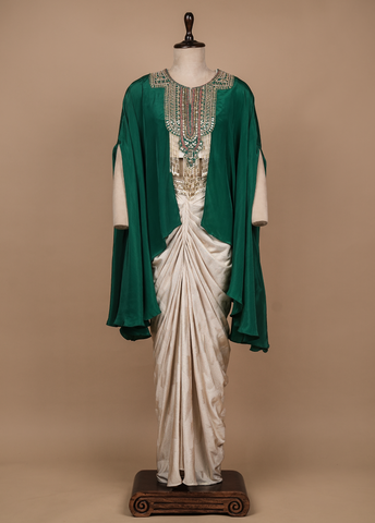 Green Crepe Silk Dhoti Cape Set