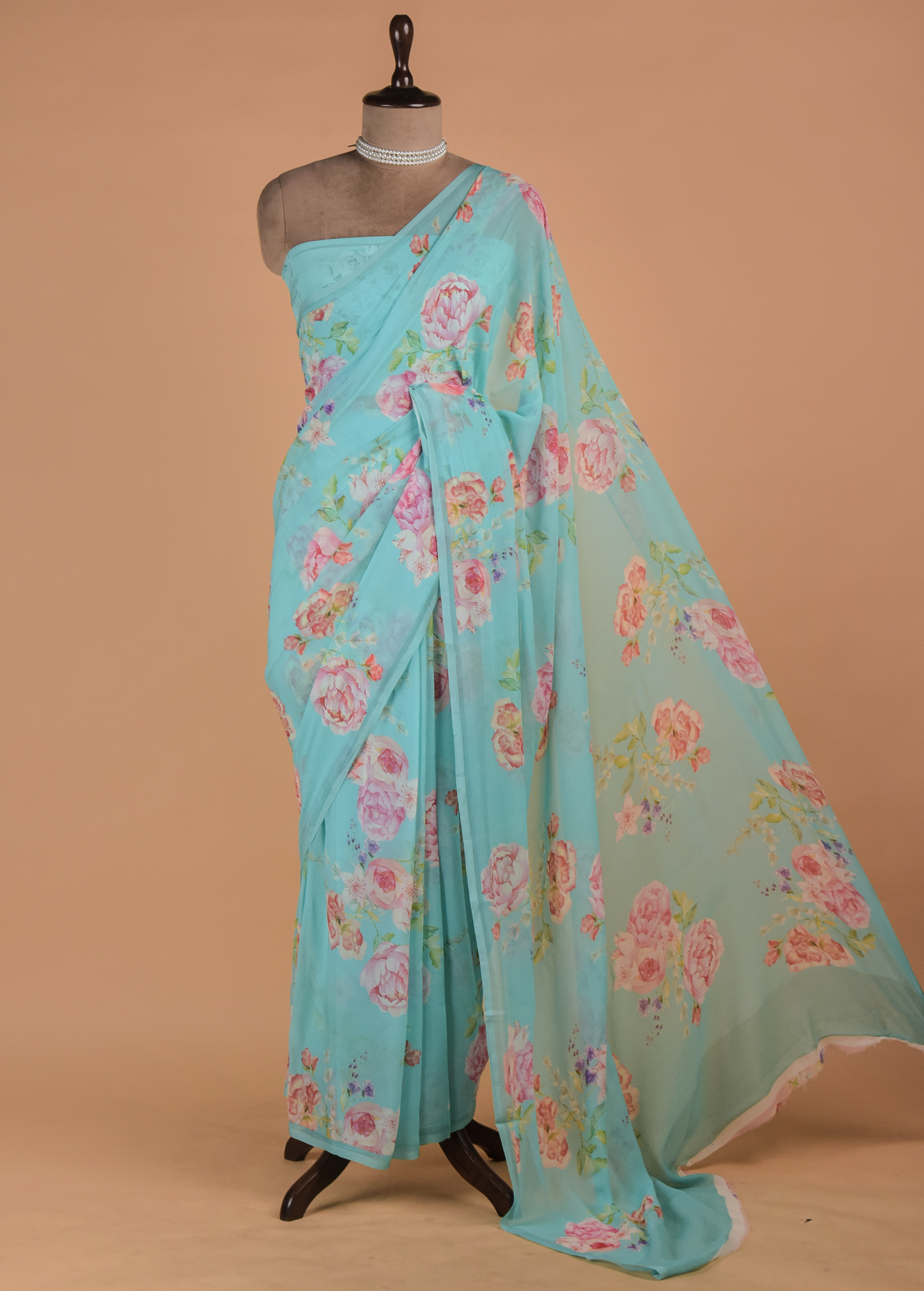 Blue Printed Chiffon Saree | Greenways Delhi