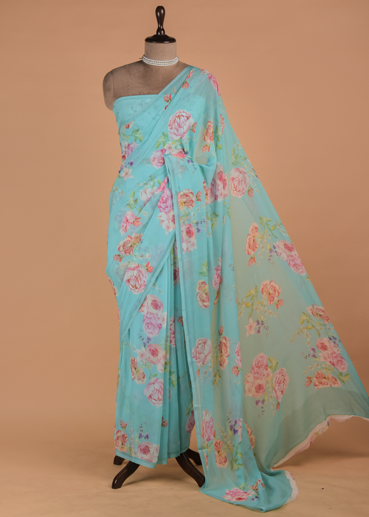 Blue Chiffon Printed Saree