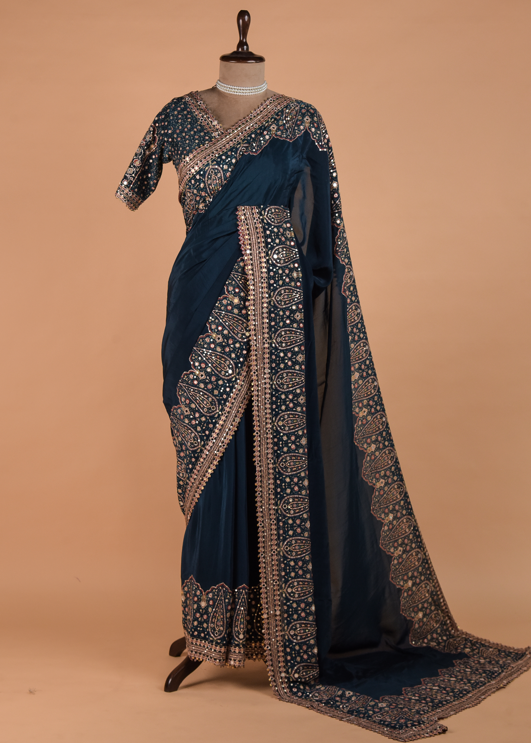 Blue Hand Embroidered Crepe Silk Saree | Greenways Delhi