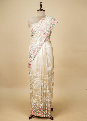 Beige Shimmer Tissue Embroidered Saree