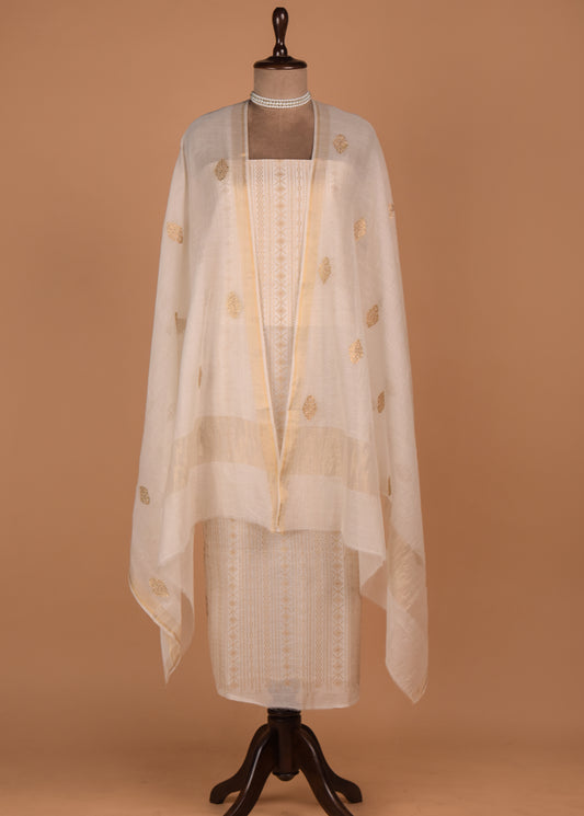 White Mul Chanderi Dress Material
