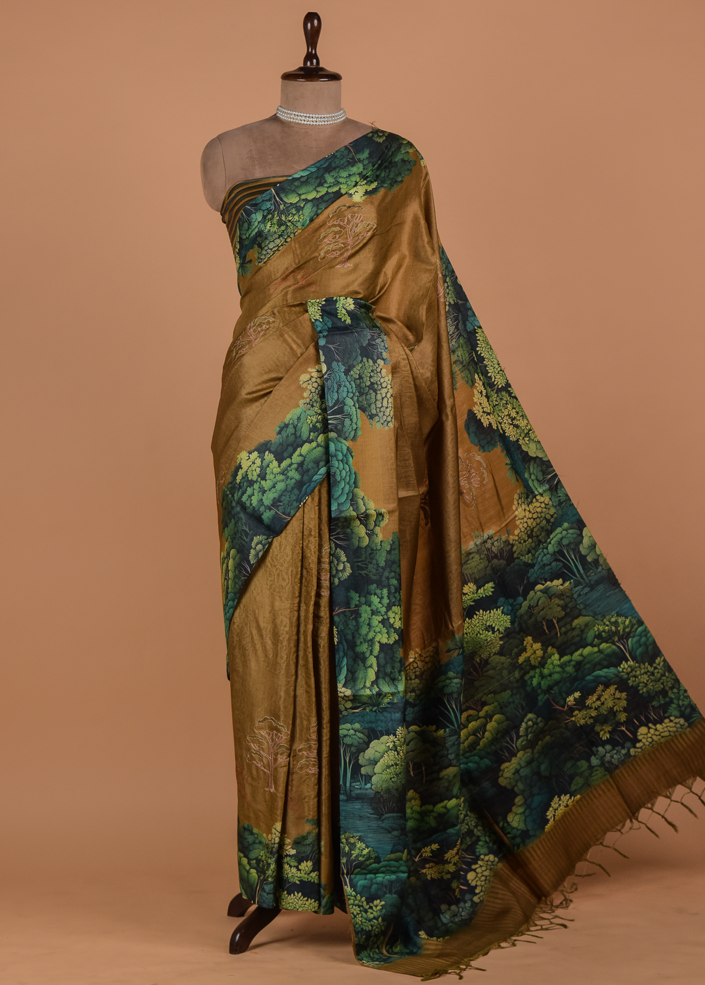 Mustard Satin Printed Saree