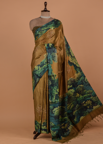 Mustard Satin Printed Saree