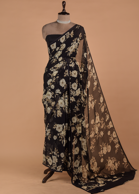 Black Chiffon Printed Saree