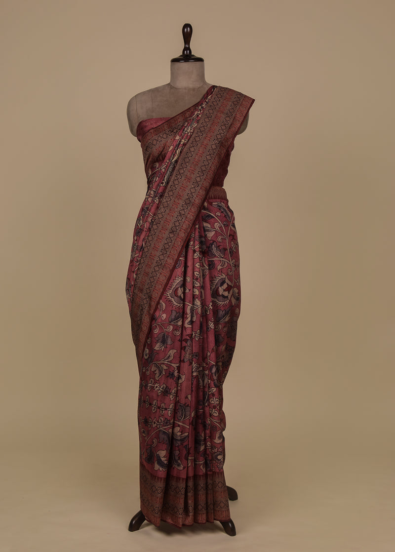 Pink Art Tussar Printed Kalmakari Saree