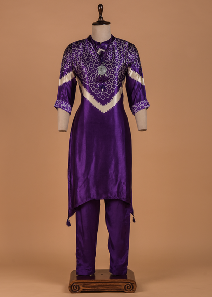 Purple Crepe Ssatin Kurti Set