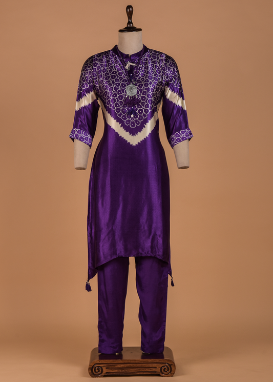 Purple Crepe Ssatin Kurti Set