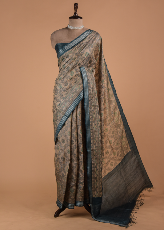Blue Tussar Printed Saree