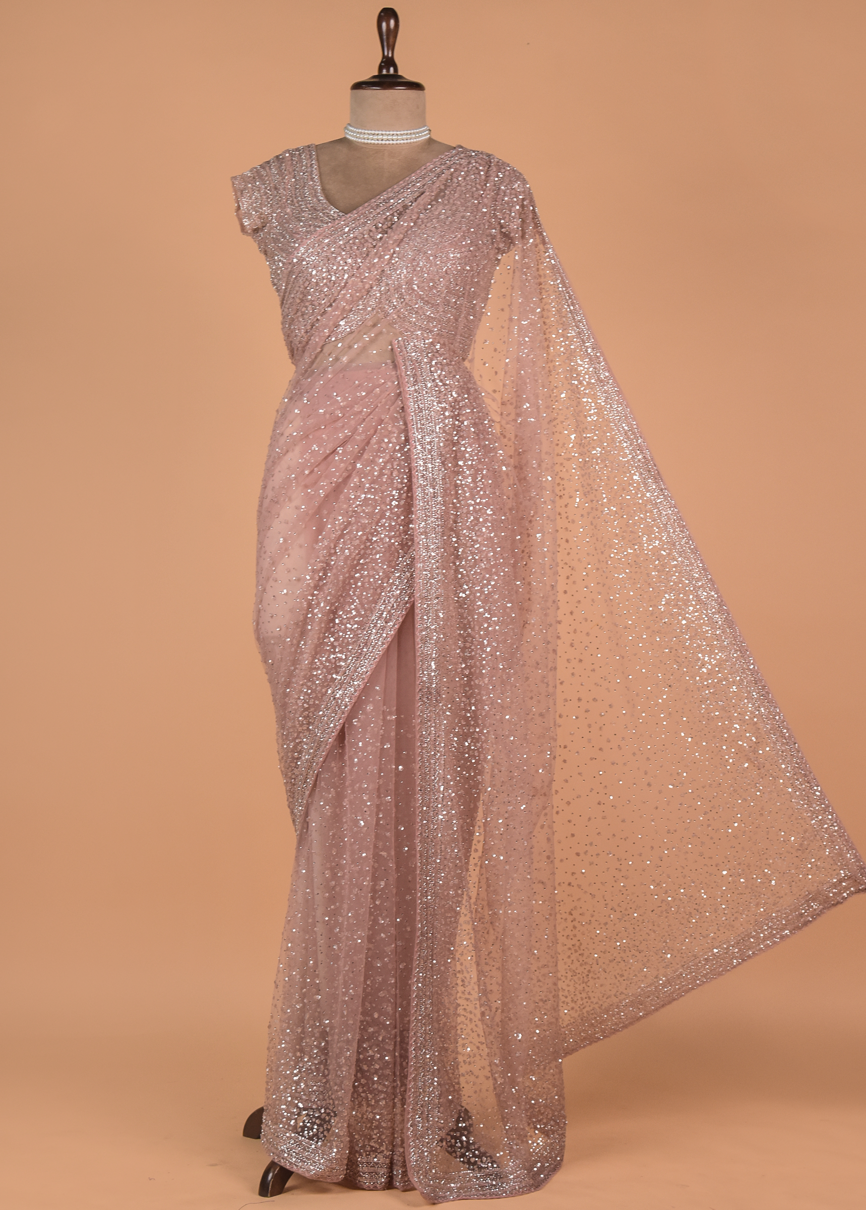 Pink Net Embroidered Saree