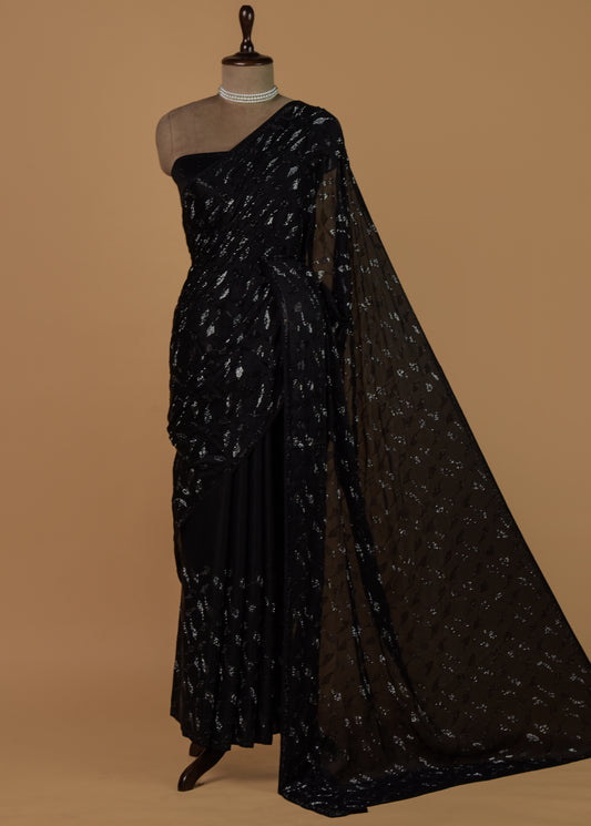 Black Satin Embroidered Saree