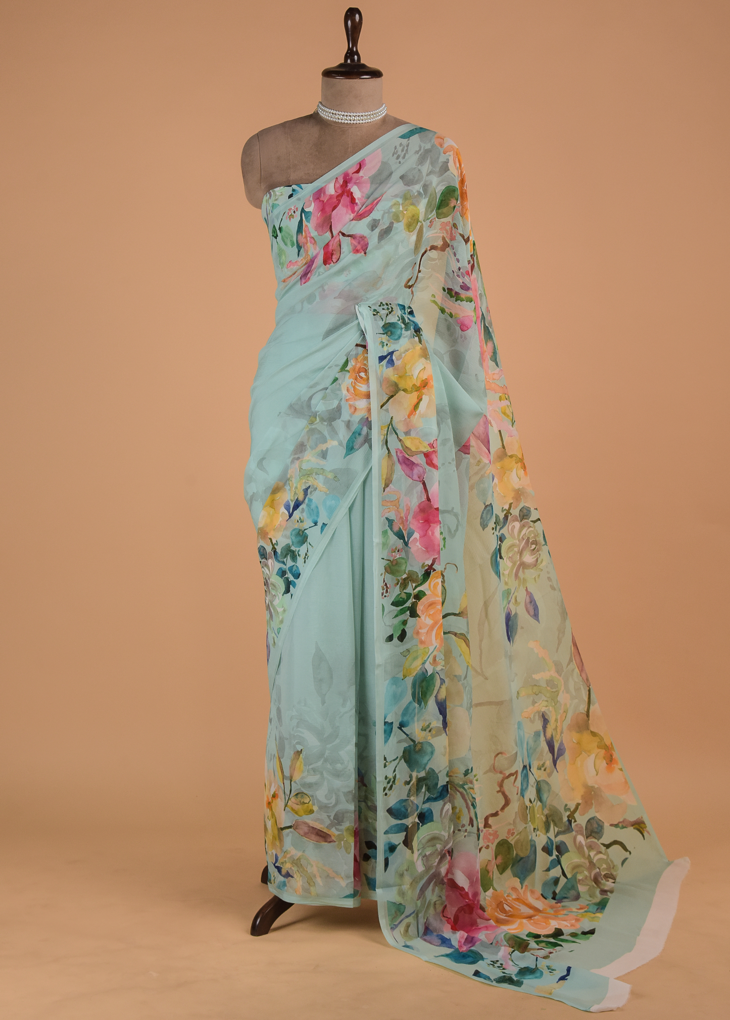 Blue Chiffon Printed Saree