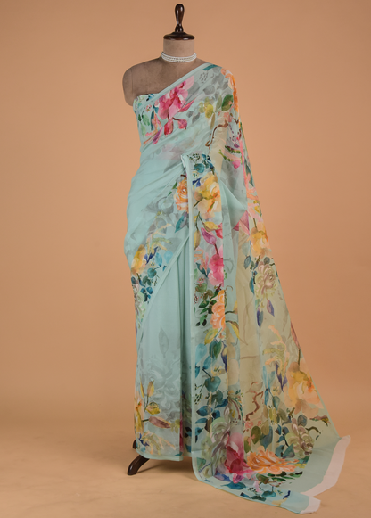 Blue Chiffon Printed Saree