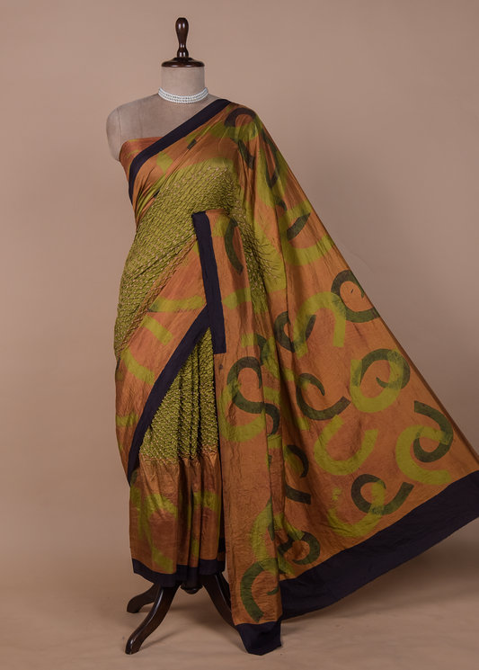 Green Tussar Bandhani Saree