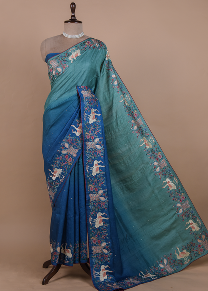 Blue Tussar Embroidered Saree
