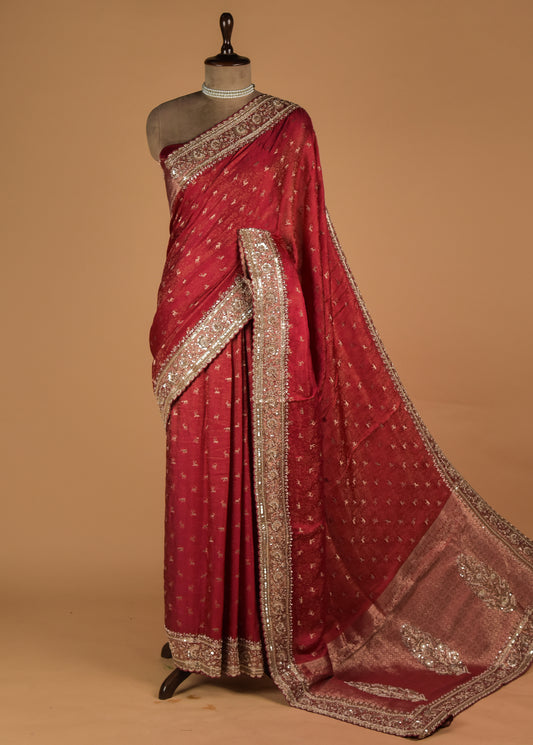 Red Crepe Embroidered Saree