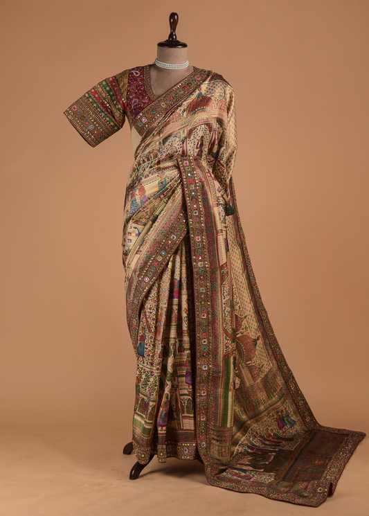 Multicoloured Dola Silk Embroidered Saree