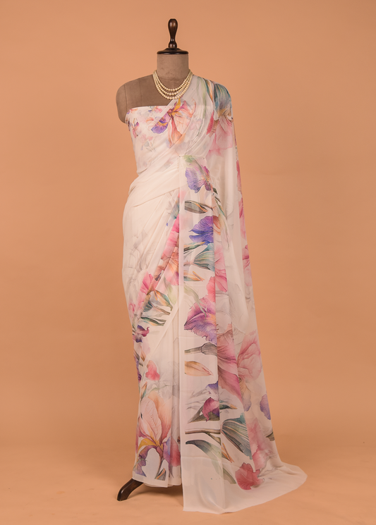 White Georgette Printed Saree