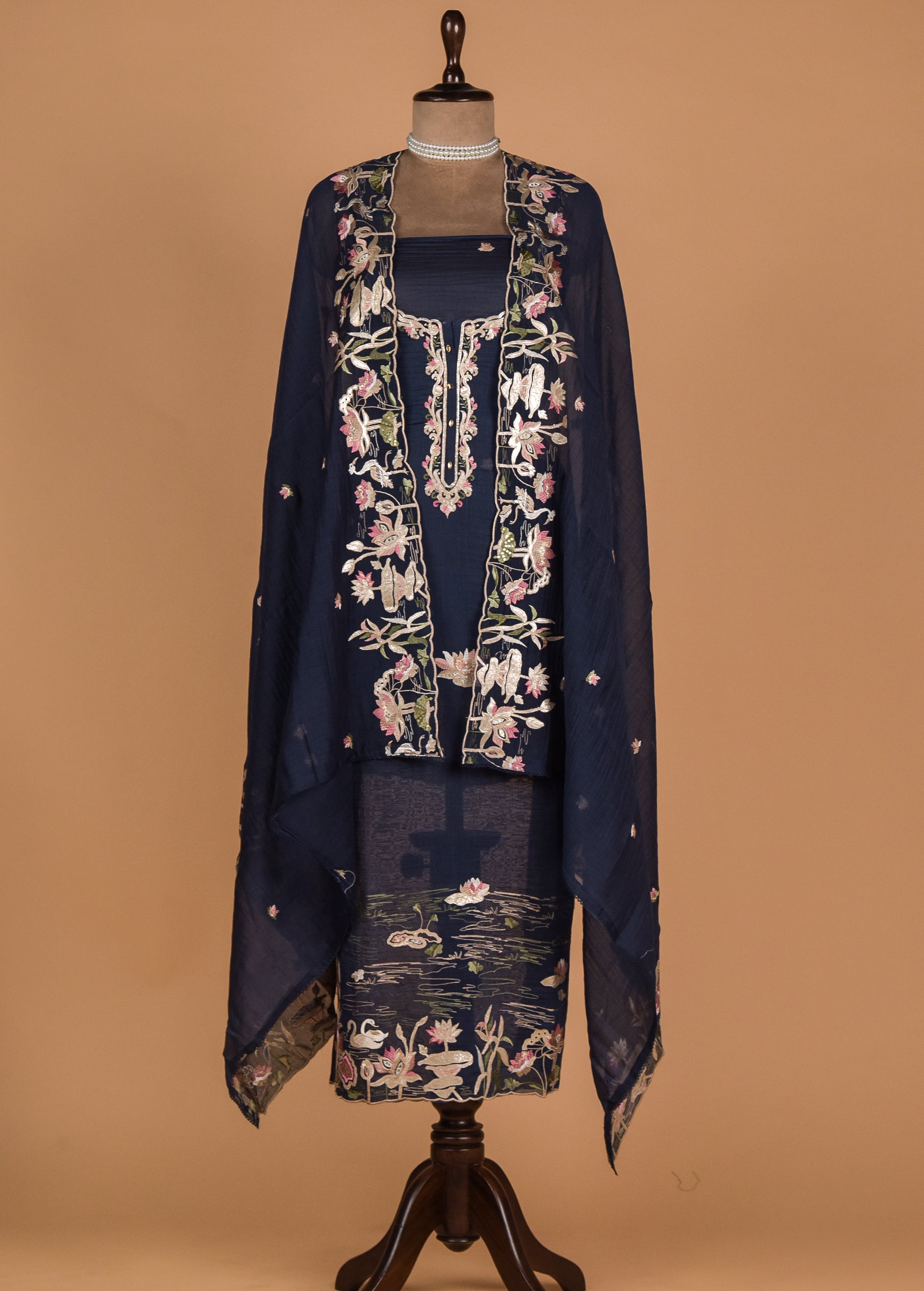 Blue Mul Chanderi Dress Material
