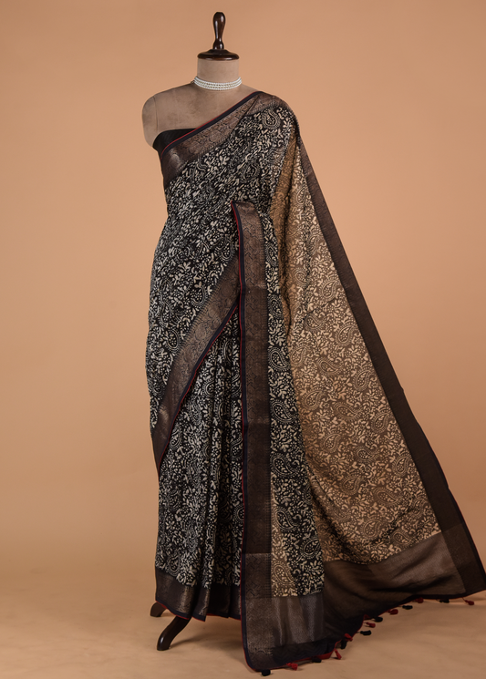 Black Cotton Printed Saree