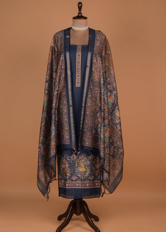 Blue Tussar Cotton Dress Material
