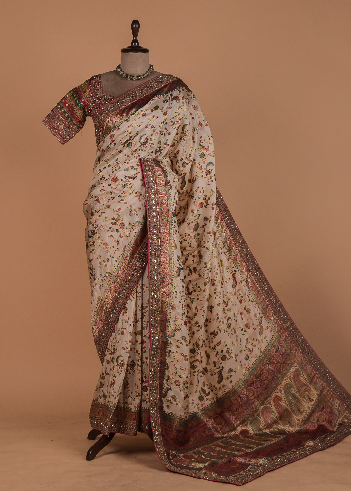 Cream Moroccan Silk Embroidered Saree