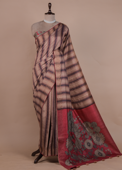 Multicoloured Tussar Printed Saree
