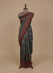 Blue Tussar Silk Printed Kalamkari  Saree