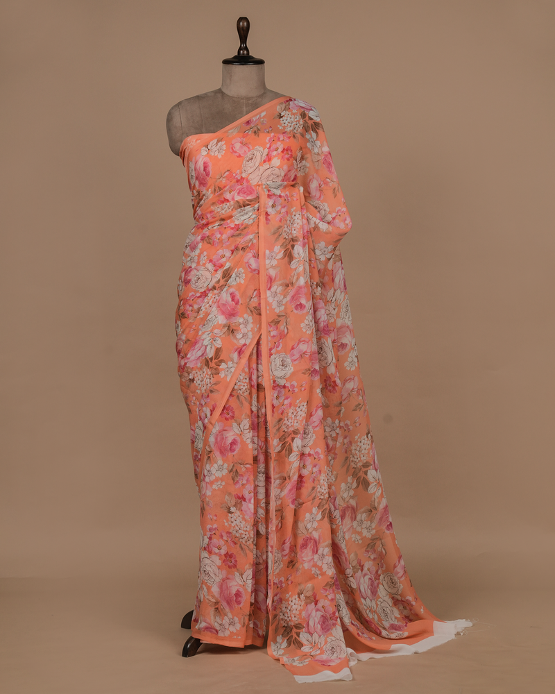 Orange Chiffon Printed Saree