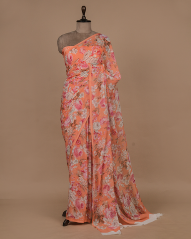 Orange Chiffon Printed Saree