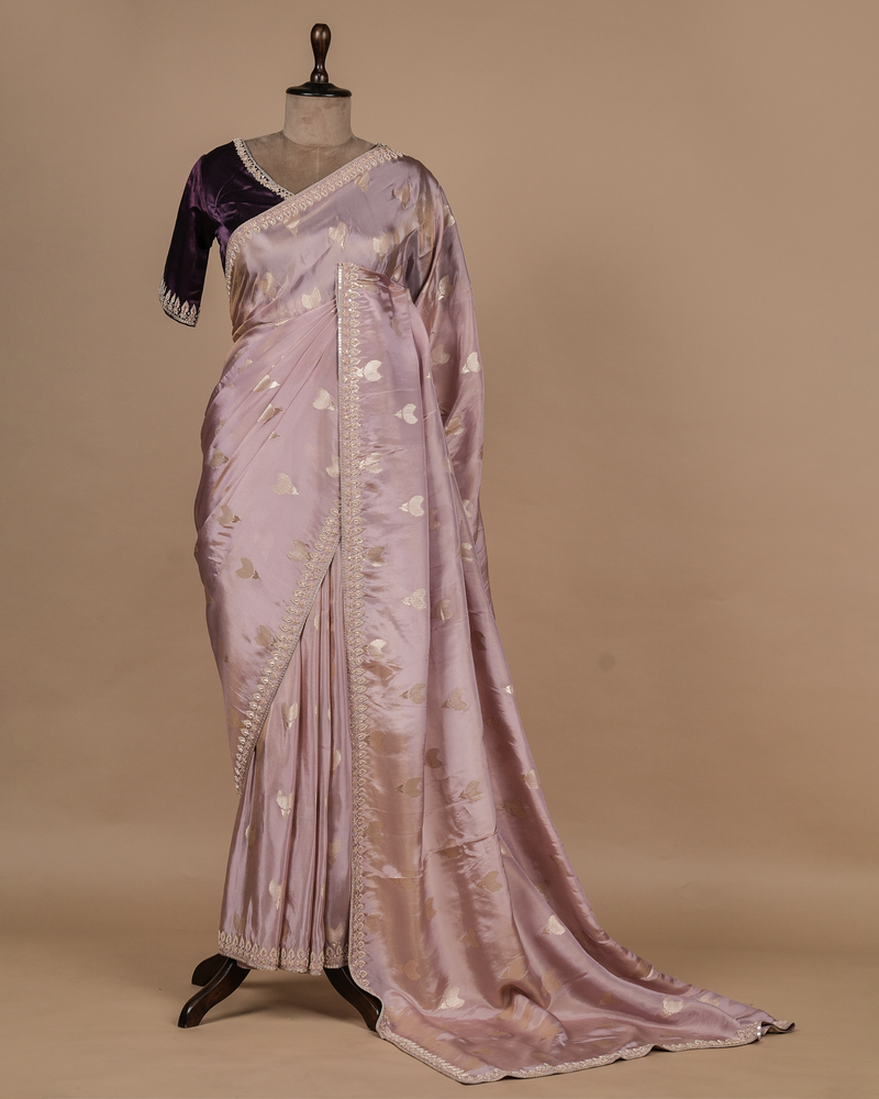 Purple Silk Crepe Embroidered Saree