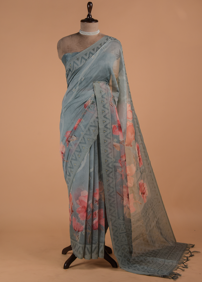 Blue Cotton Printed Saree