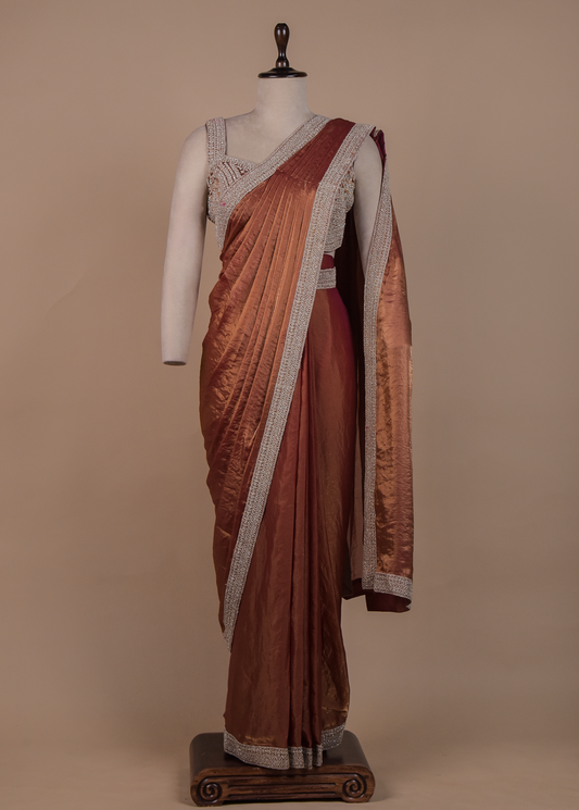 Rust Tissue Georgette Readymade Saree