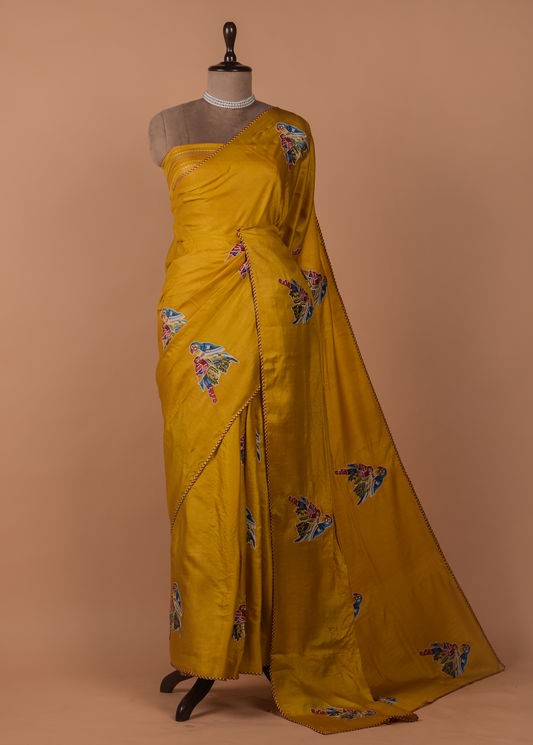 Yellow Tussar Embroidered Saree