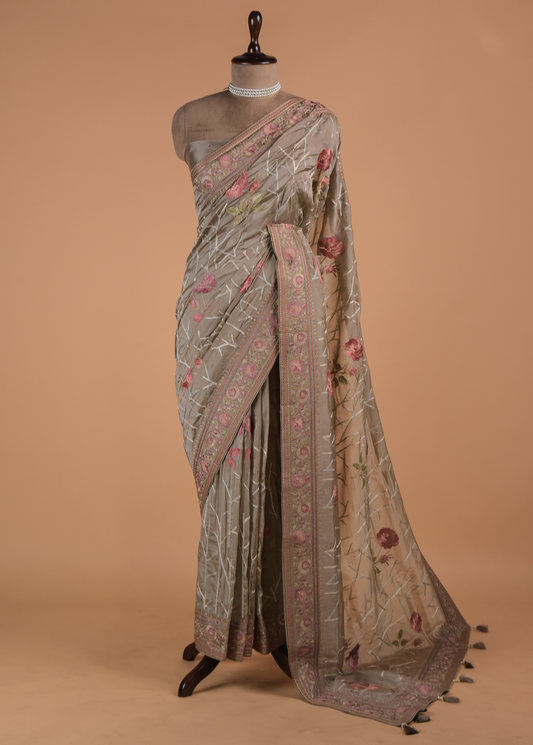 Green Organza Embroidered Saree