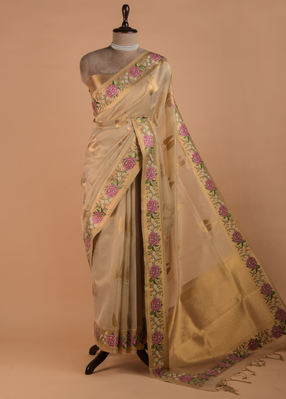Golden Hand Embroidered Banarasi Saree | Greenways Delhi