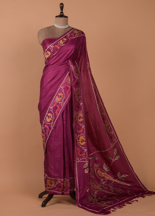 Pink Tussar Embroidered Saree