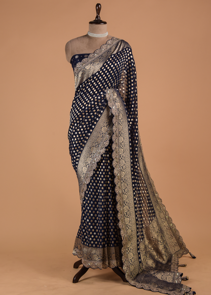 Blue Hand Embroidered Banarasi Saree | Greenways Delhi